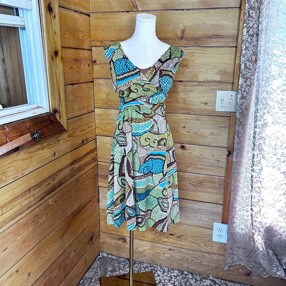 Vintage Faux Wrap Midi Dress Women Size 10 Teal Olive Green Boho Tracy Evans